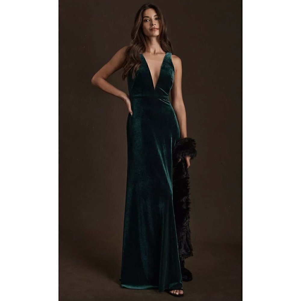 BHLDN Jenny Yoo Logan Velvet Dress Size 2 in Dark Emerald
